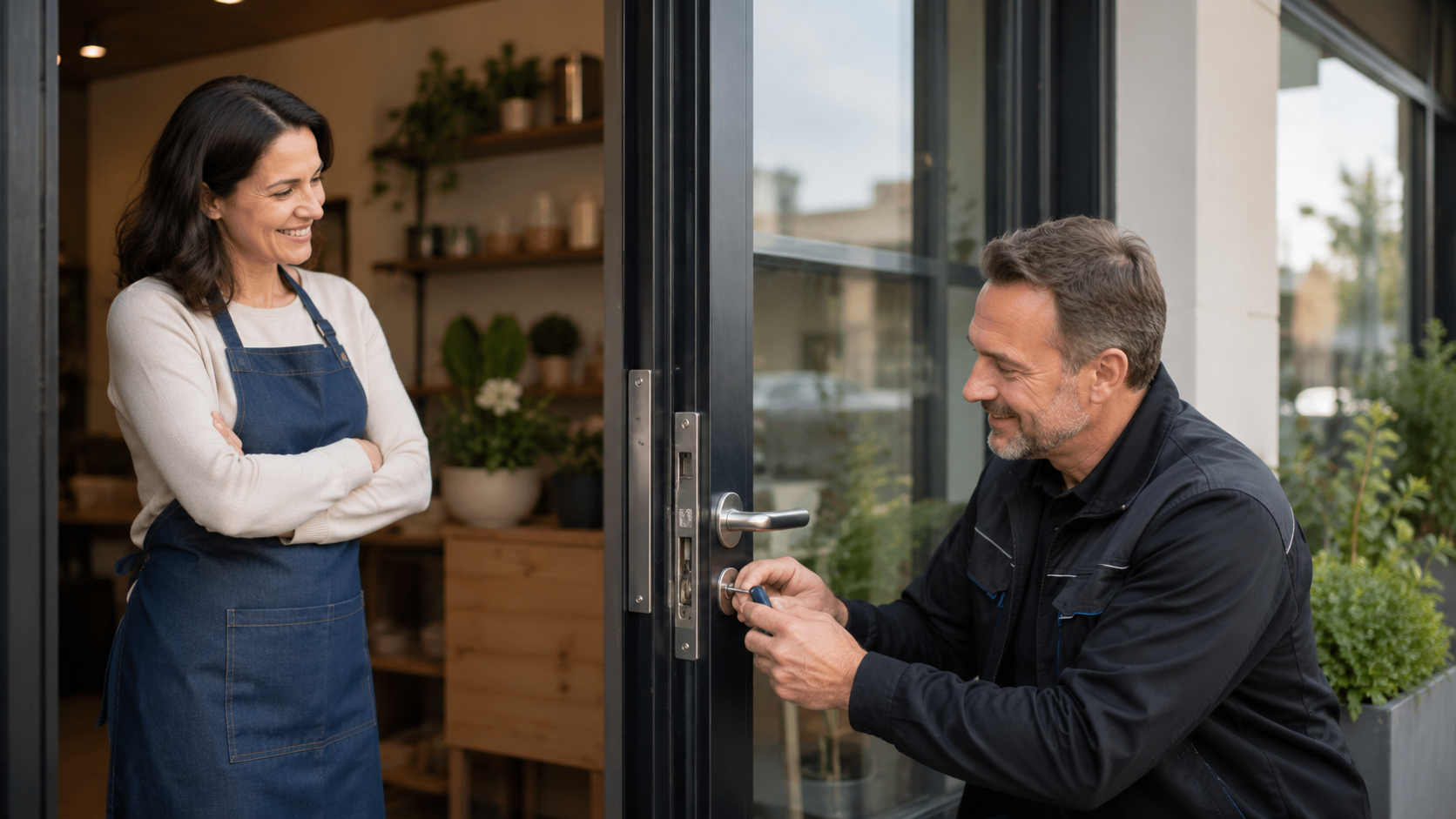 Schlüsseldienst öffnet eine Tür für eine Kundin